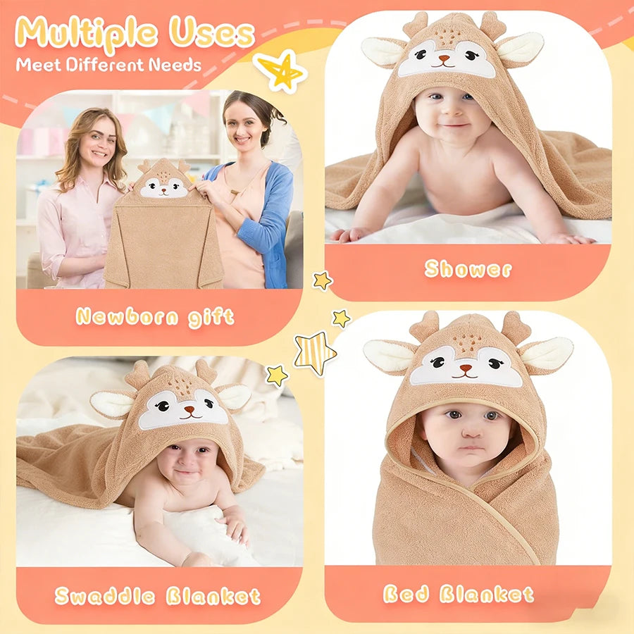 Baby Animal-Shaped Bathrobe, Quick-Absorbing Soft Hooded Bath Towel, Baby Wrap Blanket, Suitable for Bathroom, Beach, and Multiple Bathing Scenarios, a Holiday Gift for Children