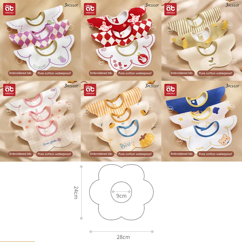 3Pcs Waterproof Bibs for Infants Embroidered Pattern Baby Bibs Comfortable Newborns Bibs Comfortable Cotton Bibs Gift