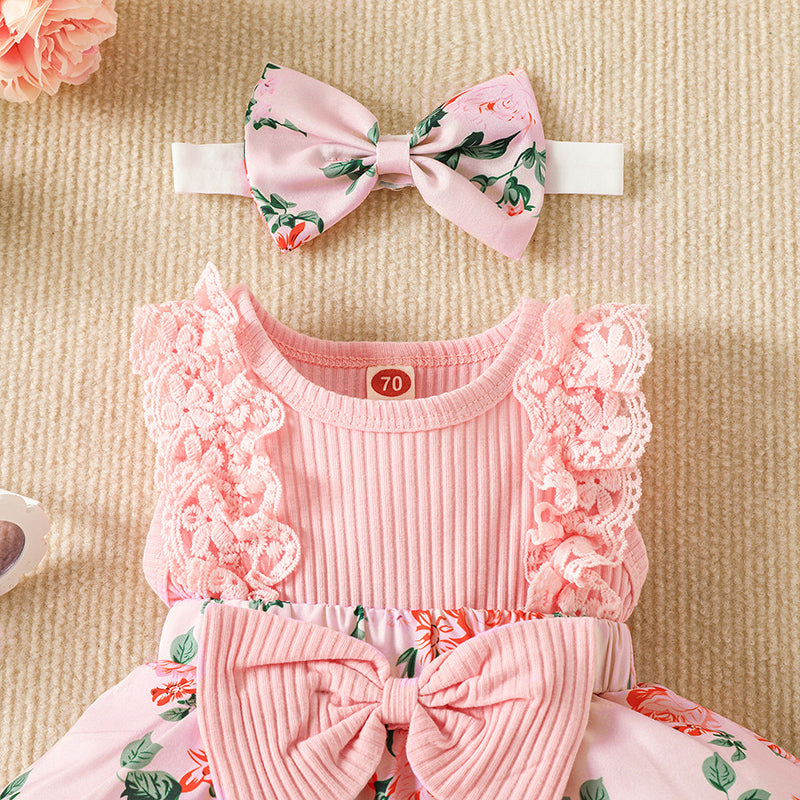 Infant Baby Girls Flower Print Lace Sleeveless Round Neck Front Bowknot Romper + Headband