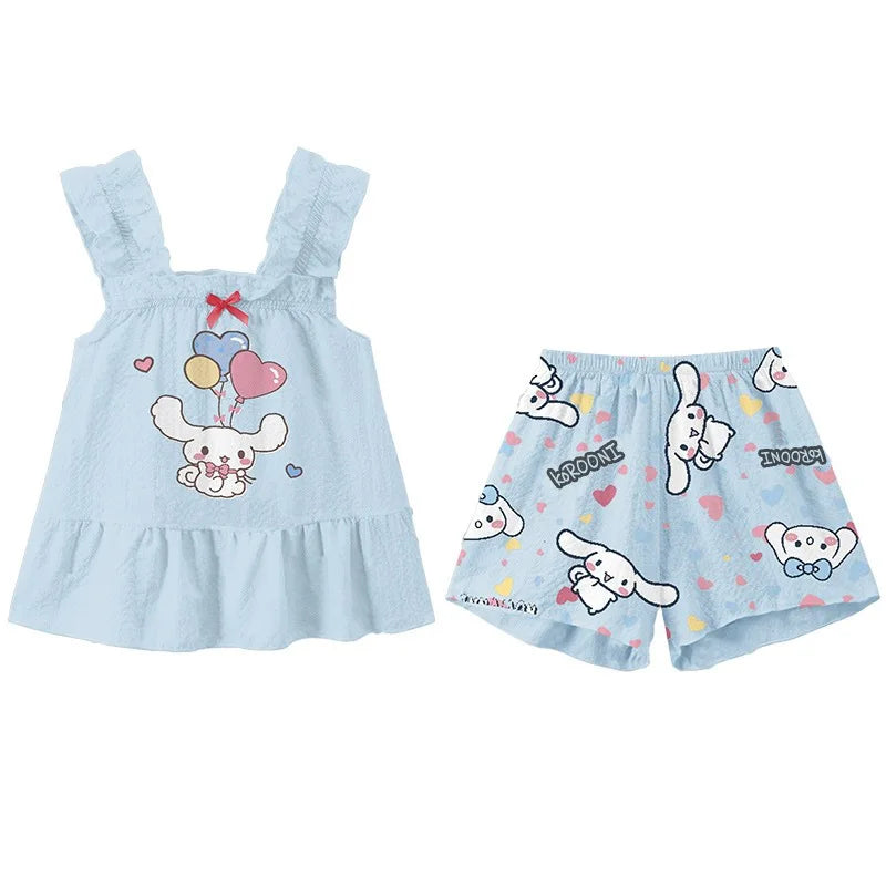 2Pcs Hot Sanrio Hello Kitty Two Piece Pajama Set Sleeveless Vest Shorts Thin Lightweight Summer Girls Baby Homewear Fashionable