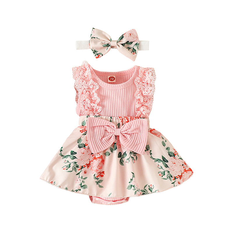 Infant Baby Girls Flower Print Lace Sleeveless Round Neck Front Bowknot Romper + Headband