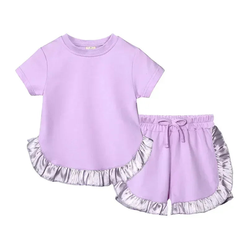 Summer New Kids Clothes Girl Outfit Set Solid Color Cotton Short Sleeve Tops Shorts 2 Pcs Fashion Children's Sets 1-6 Years