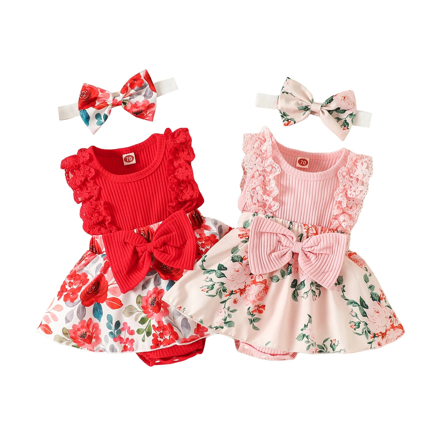Infant Baby Girls Flower Print Lace Sleeveless Round Neck Front Bowknot Romper + Headband