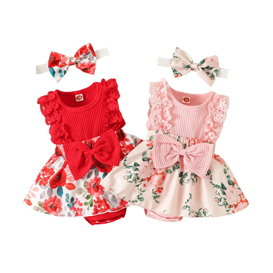 Infant Baby Girls Flower Print Lace Sleeveless Round Neck Front Bowknot Romper + Headband