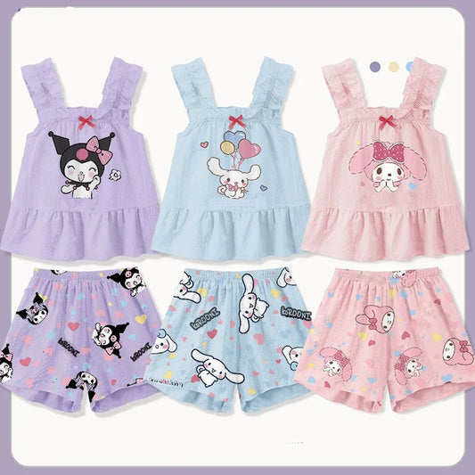 2Pcs Hot Sanrio Hello Kitty Two Piece Pajama Set Sleeveless Vest Shorts Thin Lightweight Summer Girls Baby Homewear Fashionable