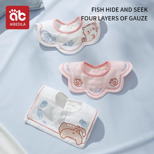 3pcs New Cotton Baby Bib Embroidery Bib Baby Drool Towel Boys and Girls Drool Pocket Waterproof Baby