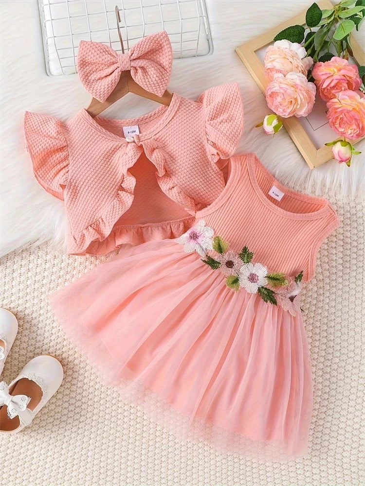 Newborn 2024 Baby Girls Dress Summer Waist Flower Vest Sleeveless Short Top Sweet Girl Lace Mesh Dress