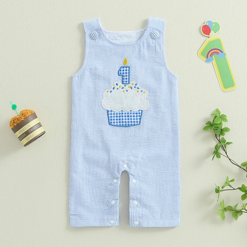 Baby Boys Birthday Jumpsuits Toddler Sleeveless Round Neck Cupcake Embroidery Loose Rompers Newborn Playsuits Summer Clothes