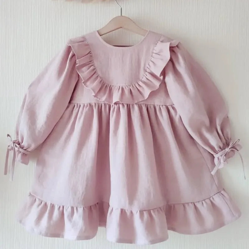 Baby Girl Princess Cotton Linen Ruffled Dress Long Sleeve Infant Toddler Child Elegant Vestido Spring Autumn Baby Clothes 1-4Y