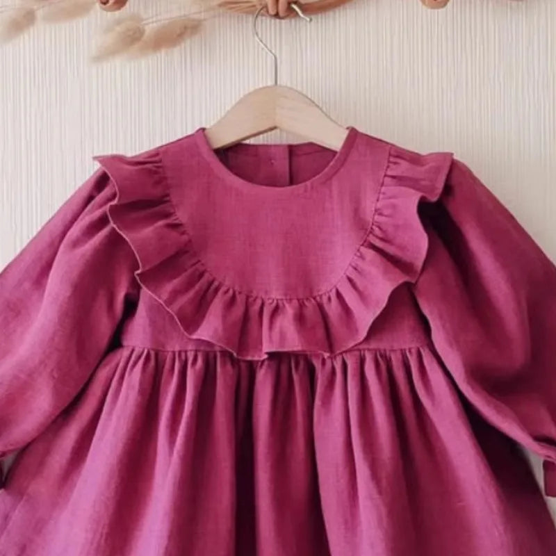 Baby Girl Princess Cotton Linen Ruffled Dress Long Sleeve Infant Toddler Child Elegant Vestido Spring Autumn Baby Clothes 1-4Y