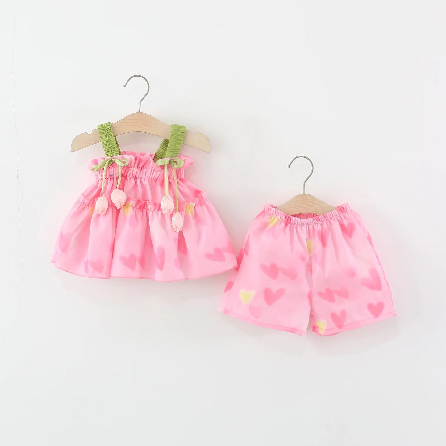 2026 Summer Kids Outfit 1-5Y Girls Pink Heart Print Sets Tulip Strap Top and Shorts Adorable Breathable Children Clothing
