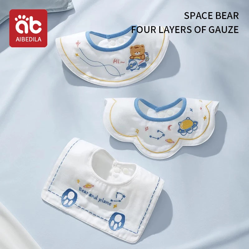 3pcs New Cotton Baby Bib Embroidery Bib Baby Drool Towel Boys and Girls Drool Pocket Waterproof Baby