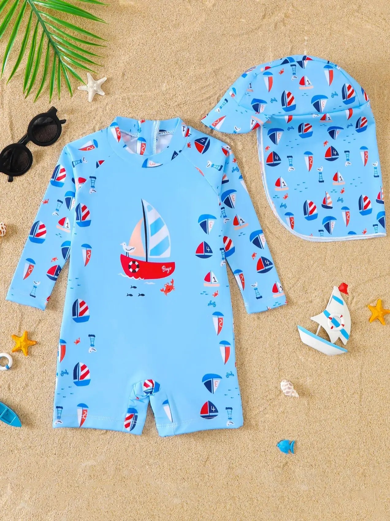 Baby Boy Nautical Pattern Full Print Long Sleeve Onesie Swimsuit with Hat Infant Swimming Suit Set