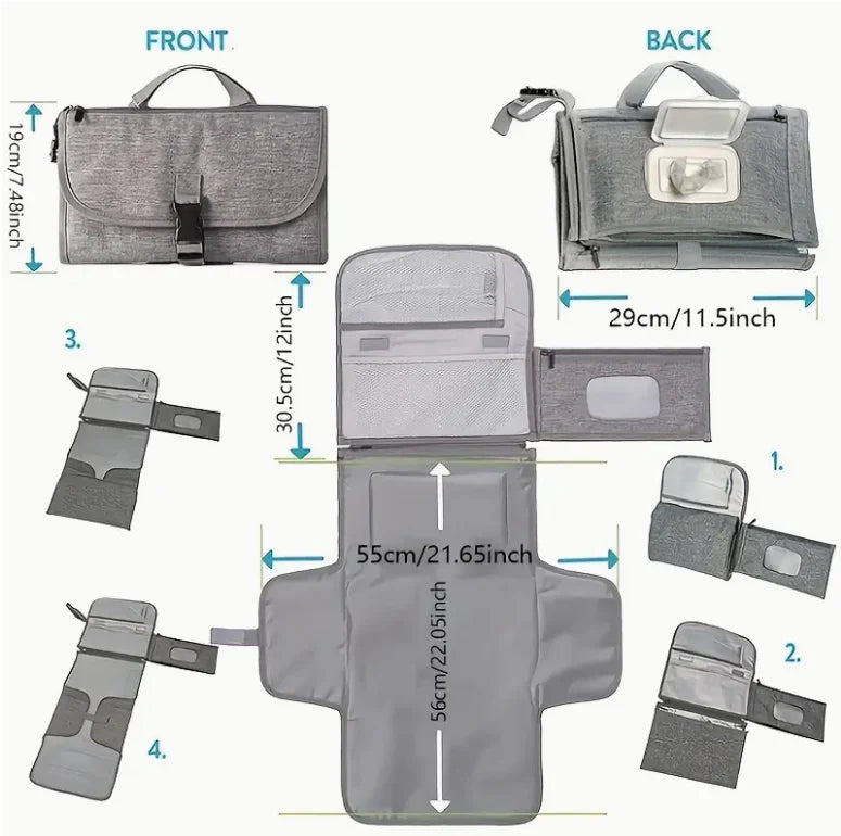 Portable Diaper Changing Pad with Built-in Head Cushion,Youngsters Waterproof Changing Pad Mat with Smart Wipes Pocket